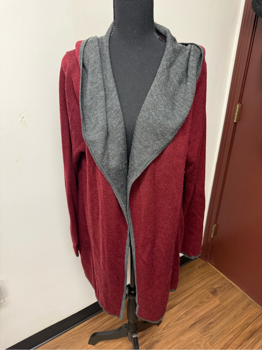 Women's Hooded Open Cardigan Sweater - Burgundy & Gray Size XXL